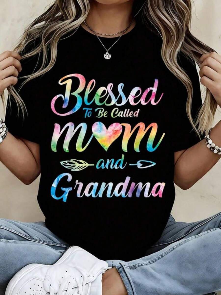To Be Called Mom And Grandma Rainbow Watercolor Print Women's T-Shirt Casual Loose Fit Top Mother's Day Gift - 黑色 - 查看 1