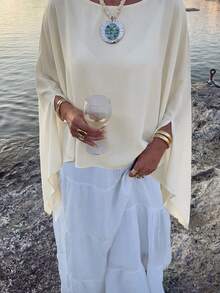 PoPoHouse 女士夏季优雅圆领宽松蝙蝠袖上衣，休闲时尚，适合海滩度假、派对、日常外出等场合，杏色上衣，春季款 - 杏色 - 查看 4