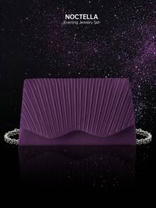 Noctella Elegant Ruched Solid Colour Evening Clutch, Stylish Women's Party Envelope Purse, Paired With A Luxurious Sparkling Rhinestone Jewellery Set Of Three Pieces, Including A Sparkling Rhinestone Necklace, Earrings, And Bracelet, Suitable For Dinners, Parties, And Balls - Purple - View 2
