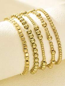 Set de 5 piezas de pulseras elásticas con cuentas de estilo de moda, hechas a mano con cuentas metálicas para mujeres - Dorado - Ver 3