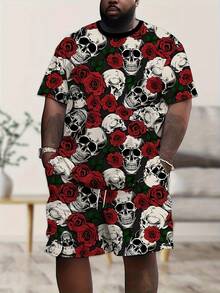 Men's Plus-Size 3D Printed Skull And Rose Pattern T-Shirt And Shorts Set, Made Of Polyester. Suitable For Summer Sports, And Also Makes A Great Party Or Travel Gift. Machine Washable. - 彩色 - 查看 1