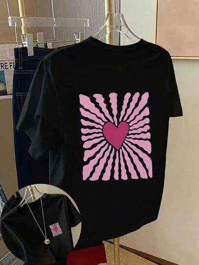 女士休闲心形波浪图案圆领短袖T恤，浪漫设计，适合春季、夏季、秋季、情人节/返校季穿着