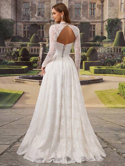 HEARBOBO Vintage Nitad Barock Vit Spets A-linje Bröllopsklänning