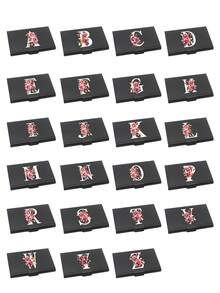 Thick Aluminum Alloy Postcard Box With Red Flowers And White Letters A-Z Printed On It,Thick Aluminum Alloy Postcard Box, Large Capacity Unisex Card Case | Custom Initial Gift For Friends, Colleagues, Boss, Boyfriend, Girlfriend | Travel Essential - Multicolor - View 3