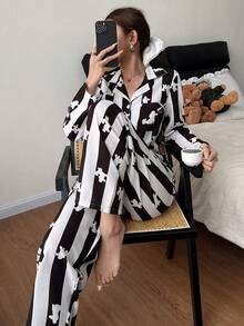 Dreamivo 女士印花舒适休闲睡衣套装，春夏款 - 黑與白 - 查看 4