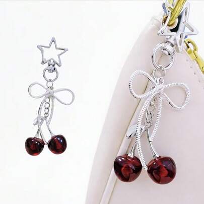 1pc Cherry Blossom Bow Decor Pendant, Keychain Pendant, Bag Charm, Cherry-Shaped Keychain Charm, Shiny Resin Material, Suitable For Handbag Accessories, Elegant Women's Accessory, Bag Decoration, Party & Holiday Gift, Gift For Female College Students & Teachers, Unique Gift For Family And Friends