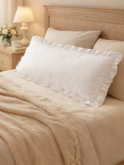 1pc White Ruffled Long Pillow Cover(Pillow Core Not Included), Solid Color Silk Pillowcase Sofa Throw Pillow Cover Cushion Cover For Girl Princess Bed Decor, Kids Girl Nusery Room Decor, Home Decor, Room Decor, Wedding Decor, Pink Princess Birthday Party Decorations Supplies, Spring Home Decoration Supplies