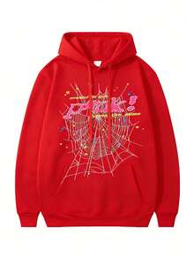 Spider Print Zipper Hoodie, Casual Long Sleeve Hoodie Coat Y2K Spider Print Hoodie, Long Sleeve, Loose Style, Material, Zipper Design, Gothic Harajuku Style, Autumn And Winter Fashion, Let Comfortable Soft Cotton TopDaily Outfits For Men And Women- Perfect For Autumn And Winter Wear, Great For College Students And Street Fashion Enthusiasts - 紅色 - 查看 1
