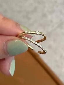 5件套简约奢华时尚日常个性素圈优雅派对假日铜质微镶嵌合成独特温柔女士开口戒指套装 - 金黃色 - 查看 6