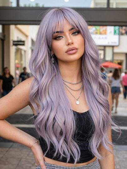 24 Inch Long Wavy Purple Wig, Heat Resistant Synthetic Fiber Wig, Suitable For Daily Parties, Cosplay, Girlfriend's Party Outfit, Daily Wear, Music Festivals, Perfect For Holiday Travel, Halloween, Christmas, New Year Celebrations, Cosplay, Girl's Gift, Summer Graduation Gift, Ready-Made Gift, Halloween, Christmas Gift