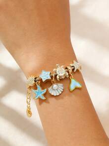 1pc Gold Ocean Style Women's Bracelet, Decorated With Sea Turtle, Starfish, Shell, Mermaid Tail Elements, Suitable For Summer Beach Vacation Wear, A Great Gift Choice - Golden Ocean Fishtail - View 5