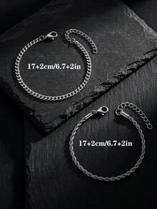 2条装不锈钢手链，简约设计，可调节尺寸，适合男士日常佩戴 - 銀色 - 查看 4