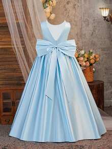 Vestido de daminha de honra elegante, sem mangas, com decote nas costas, costas abertas e detalhes em pérolas sintéticas, ideal para festas de aniversário, casamentos e ocasiões formais. Não inclui tiara. - Baby Azul - Ver 4