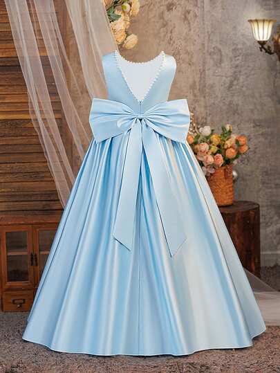 Tween Girls Solid Color Sleeveless Faux Pearl Backless Bow Elegant Flower Girl Dress For Birthday Party, Wedding, Formal Occasion, Without Headband