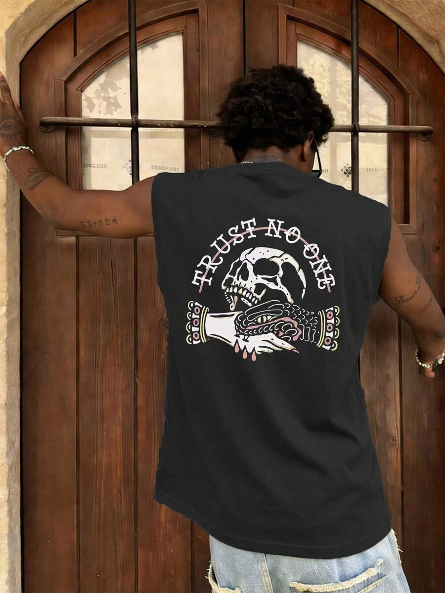 FRACTYR 男士休闲无袖T恤，英式街头元素图案印花，夏季运动风背心 - 黑色 - 查看 1