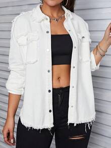 Women's Single-Breasted Frayed Hem Casual Versatile Daily Wear Long Sleeve Denim Jacket Spring - White - View 2