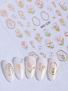 2片装5D立体烫金郁金香美甲贴纸，春夏花卉图案美甲贴花，粉色郁金香叶子设计美甲装饰，女士自粘美甲配件 - 彩色 - 查看 2