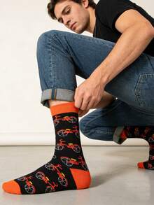 1 Pair Men's Black & Orange Bicycle Pattern Mid-Calf Socks, & Versatile For All Seasons - Multicolor - View 5