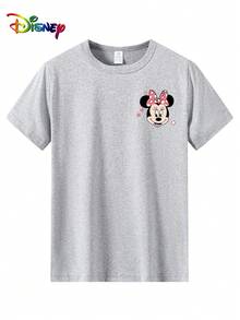 1pc Disney Minnie Mouse Cute Bow & Character Print Tween Girls' Casual T-Shirt - Soft & Breathable, Perfect For Daily Wear & Amusement Park Trips - Xám - Xem 2