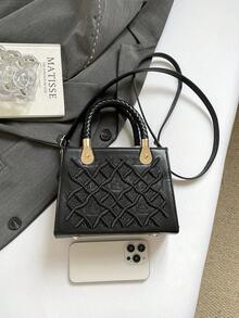 1个女士纯色压纹缝线时尚石纹手提包/单肩包，拉链封口。优雅女士托特包，休闲包，可装钱包、化妆品、手机、零钱包。适合夏季海滩、购物、摄影等场合。也是送给女友或母亲的绝佳礼物。 - 黑色 - 查看 5
