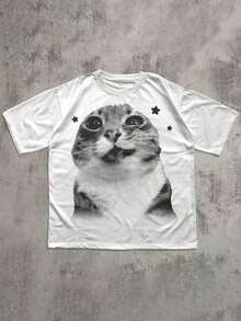 Camiseta divertida de gato retro Y2K, camiseta de gato extravagante, camiseta vintage, regalo para amantes de los gatos, camiseta de mujer de cuello redondo linda, nueva blusa de primavera/verano - Blanco - Ver 4