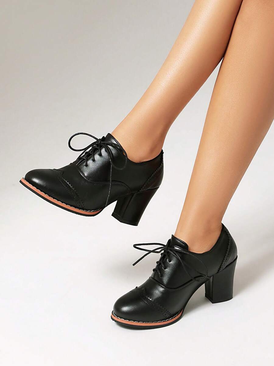 Classic Round Toe Lace-Up Block Heel Pumps, Casual Preppy Style Canvas Brogues, Versatile For Outdoor Wear, Spring Autumn
