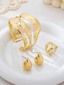 Bộ 4 món trang sức kim loại thời trang hình giọt nước rỗng, gồm nhẫn, vòng tay và bông tai, dành cho nữ. - Vàng - Xem 5