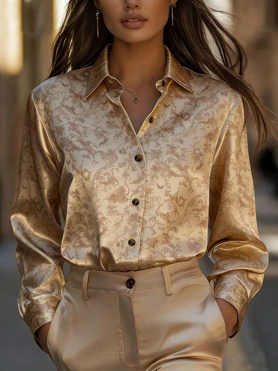 Elegant Long Sleeve Floral Embroidered Gold Satin Blouse | Polo Collar, Suitable For Spring/Summer/Autumn Vacation - Gold - View 1