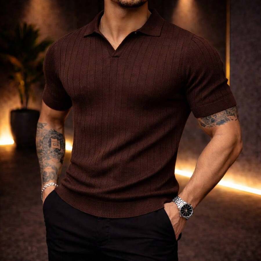 Men's Chic Lightweight Textured Knit Sweater Shirt, High Quality, Perfect For Autumn And Winter, Father's Day. - 鏽棕色 - 查看 1