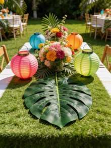24片热带棕榈叶和芙蓉花,热带棕榈叶桌旗,人造叶子桌布,适用于婚礼、夏威夷草裙舞派对、热带丛林派对、婴儿派对、一周岁热带动物主题生日派对、夏威夷草裙舞生日派对、派对DIY装饰 - 彩色 - 查看 7