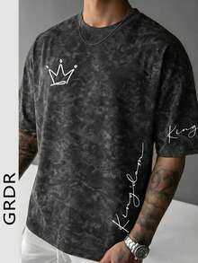 GRDR 男士休闲印花圆领短袖T恤，夏季 - 黑色 - 查看 2