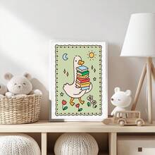 1幅帆布防水墙画，带框装饰画，适合儿童房，傻鹅读书海报，可爱鹅，儿童房装饰，现代艺术印刷品，傻鹅农场动物设计，卡通动物装饰画 - 彩色 - 查看 10