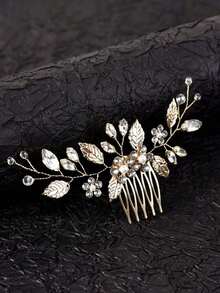 1pc Silver-Color Handmade Leaf & Side Comb Hair Accessory Bridal Wedding Party Royal, School Stuff, College, Hair Accessories, Accessories, Bridesmaid - 金子 - 查看 4