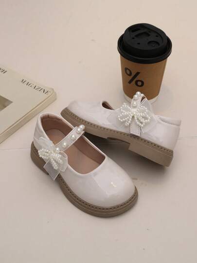 1 Pair Pearl Bow Children's Princess Shoes, Spring/Autumn Leather Upper Girls' Fashion Soft Sole Toddler Shoes, Suitable For School, Outdoor And Daily Activities