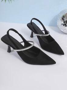 New Women's High Heel Pumps, Black Suede Pointed Toe Stilettos, Solid Color With Elastic Closure And Rhinestone Strap, Suitable For Work And Dates, Spring/Summer/Autumn - Black - View 8