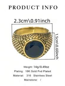 1枚复古风格金色锆石圆点男士戒指，316不锈钢材质，18K真空镀层，防水，防褪色，低过敏性，适合休闲、商务、晚宴等场合佩戴。 - 金色 - 查看 2