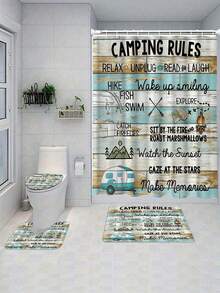 Farmhouse Style "Camping Rules" Shower Curtain Set, Includes Rug And Toilet Seat Cover: 71" X 180" Curtain, 29.5" X 75" Rug, And 18.5" X 14.5" Seat Cover - Multicolor - View 8
