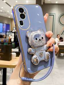 熊图案单条挂绳+直边纯色时尚防震轻便防滑极简流沙卡通糖珠折叠支架手机壳，兼容 6/7/8/X/XS/XR/11/12/13/14/15/16/17、Galaxy S22/S23/S24/S25/S26、A04/05/06/A07/A11-A17、A37、A57、Note 7/8/9/10/11/12/13/14、A5 A3 9/10/12/13C/14C、MOTO、Honor、HW、Reno 7等，国际版，非国内版 - 藍色 - 查看 1