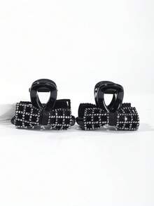 2个装女士黑色双面水晶蝴蝶结发夹，小珍珠发卡，优雅百搭，适合上学、派对、舞会和日常佩戴，夏季发饰，沙滩抓夹，度假发夹 - 彩色 - 查看 2
