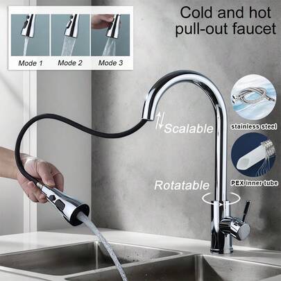 Pull-Out Kitchen Faucet With Hot And Cold Water, Equipped With PEX Inlet Hose, Extendable Swivel Sprayer Head With 3 Water Flow Modes, Single Handle Operation, Powerful Cleaning For Kitchen Sink And Balcony