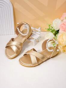 1双女童金属交叉绑带珍珠凉拖，打造公主风夏季造型 - 金色 - 查看 1