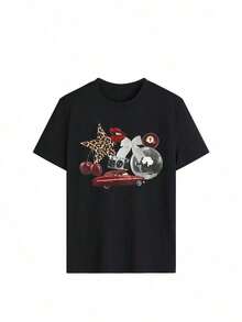 Camiseta de mujer de estilo vintage con temática de automóviles, cuello redondo, manga corta, decorada con bola de discoteca y patrones de cerezas, top de estilo casual para uso diario en color blanco - Negro - Ver 3