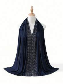 1pc Women's Solid Color Woven Texture Rhinestone Decorated Hijab, Soft & Comfortable Modal Headscarf, Versatile Muslim Long Scarf Suitable For Daily, Commute, Party, Photography - Multicolor - View 22