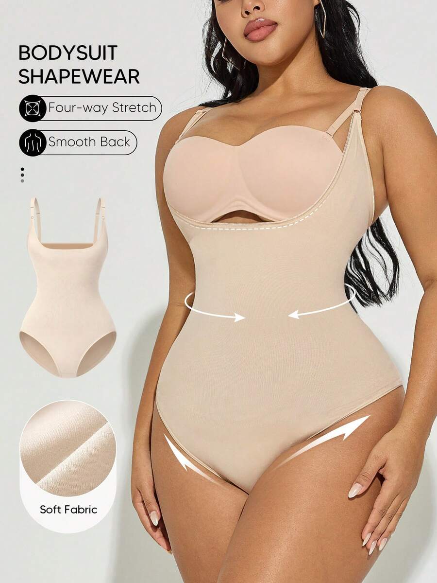 Plus Size Women Open Front Jumpsuit Shapewear, Tummy Control Butt Lifter Jumpsuit - Apricot - View 1