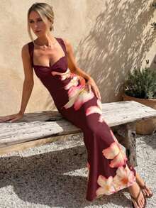 优雅浪漫性感休闲度假约会碎花蕾丝连衣裙，夏季连衣裙，女士优雅连衣裙，休闲长裙，夏季度假装扮，碎花连衣裙 - 酒紅色 - 查看 4