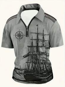 Men Boat Print Contrast Trim Half Zip Sport Polo Shirt Summer - Grey - View 1