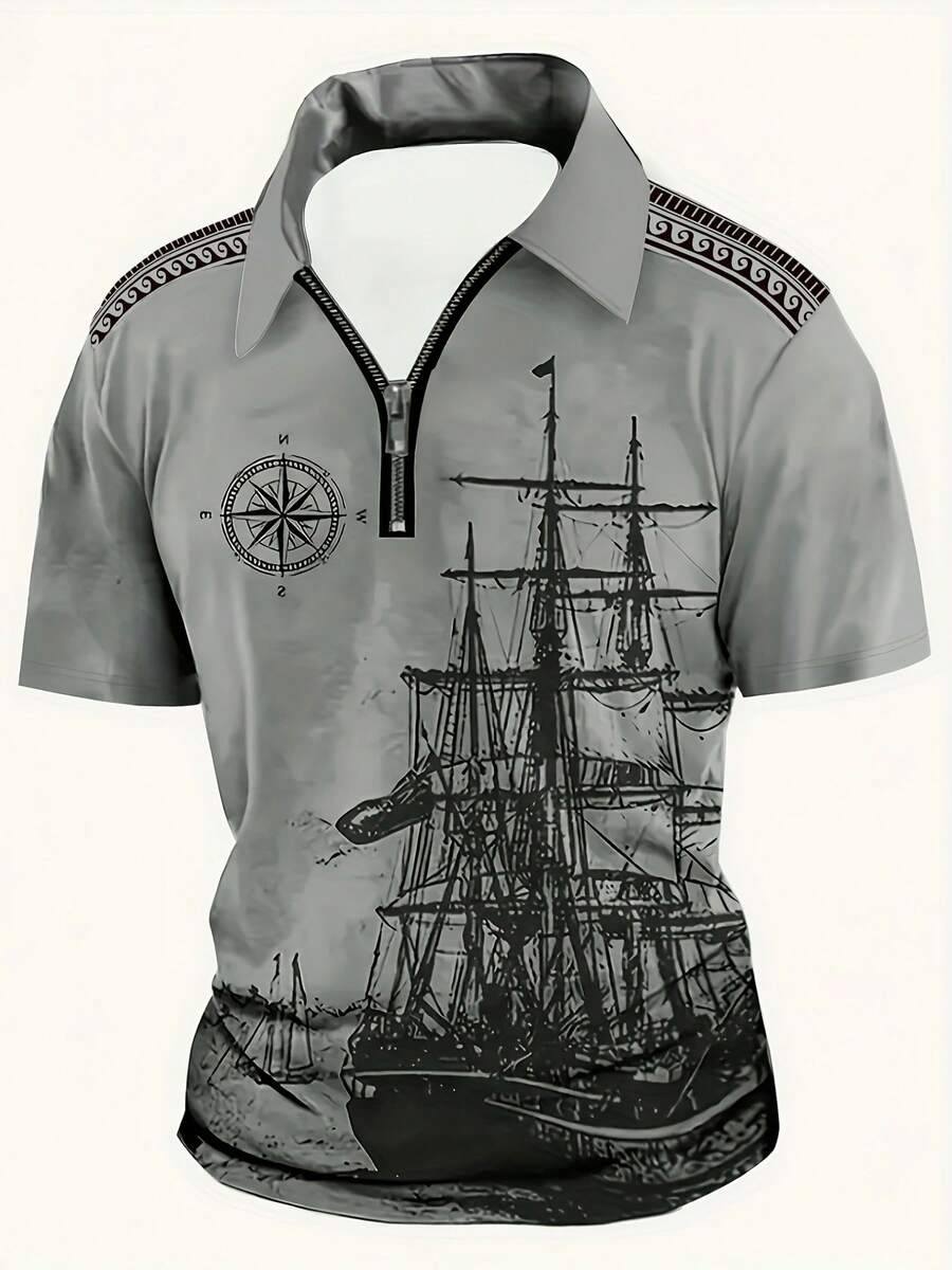 Men Boat Print Contrast Trim Half Zip Sport Polo Shirt Summer - Grey - View 1