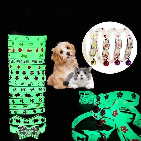 16 estilos y colores surtidos - Collar luminoso para mascotas - Collar fluorescente para gatos que brilla en la oscuridad, collar con luz de noche anti-pérdida con campana, collar fluorescente de silicona