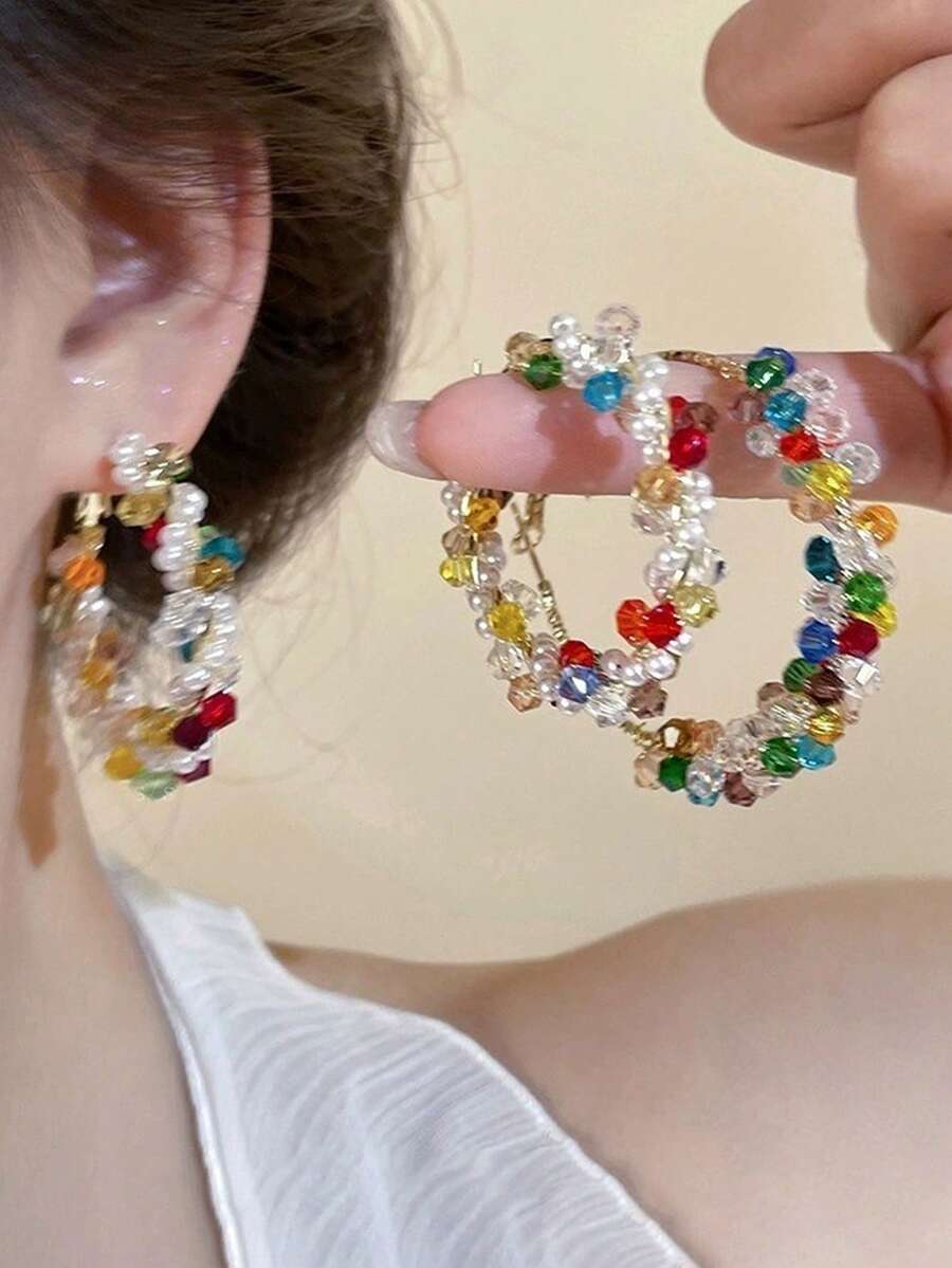 2 đôi bông tai khoen tròn đính hạt hình học phong cách Bohemian, kiểu dáng cổ điển thanh lịch với chất liệu kim loại, ngọc trai giả và pha lê nhiều màu sắc, phù hợp cho nữ giới đeo hàng ngày, dự tiệc, lễ hội, du lịch, làm quà tặng trang sức. - Nhiều màu - Xem 1