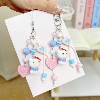 1pc Original Cute Cartoon Blue Cat Keychain, Sweet Beaded Woven Bag Charm, Heart Phone Strap - Bag Pendant, Ins Hanging Decor, Key Chain - Car Key Chain - Cute Pendant - Party Gift - Exquisite Gift - Mini Figurine - Birthday Gift - Holiday Gift - Christmas - Easter - April Fools - Halloween